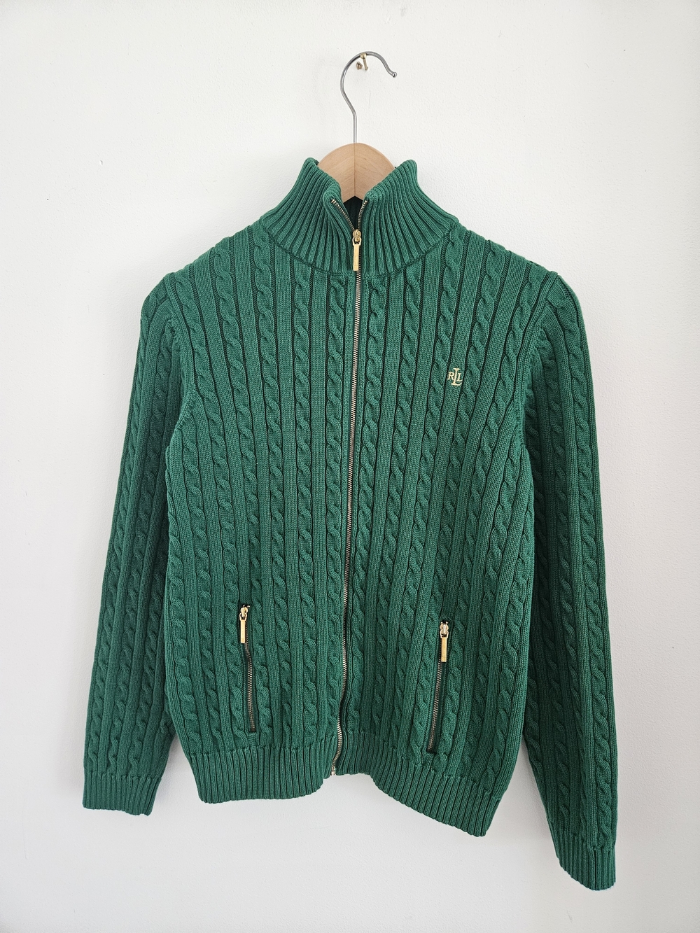 Vintage Lauren Ralph Lauren Green Cable-Knit Zip Cardigan Sweater Womens Medium